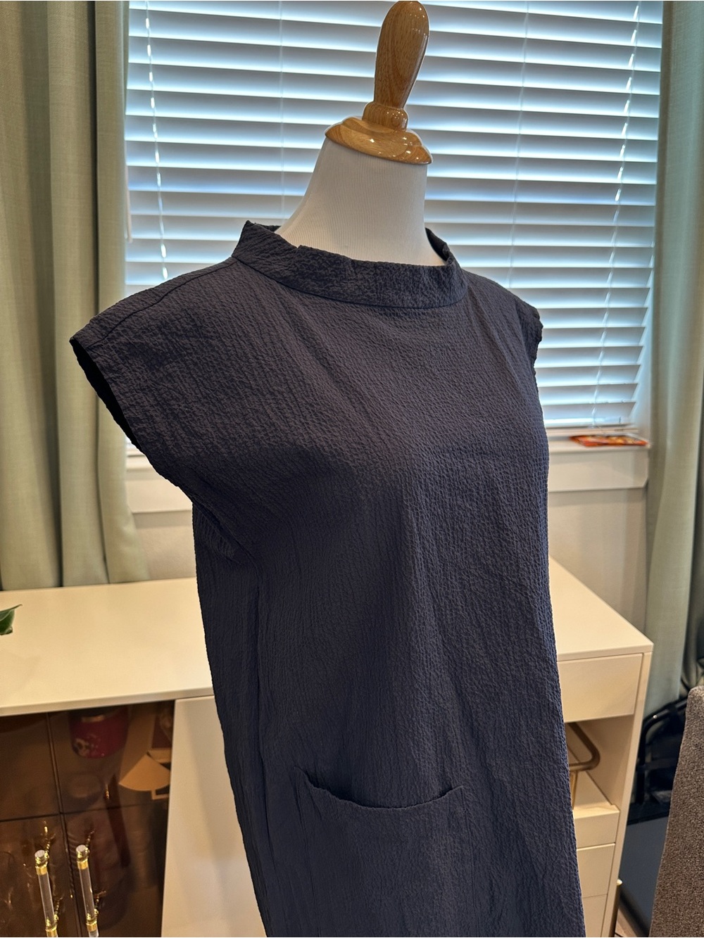 Eileen Fisher Organic Cotton Navy Textured Sleeveless Mini Shift Dress - Picture 5 of 9